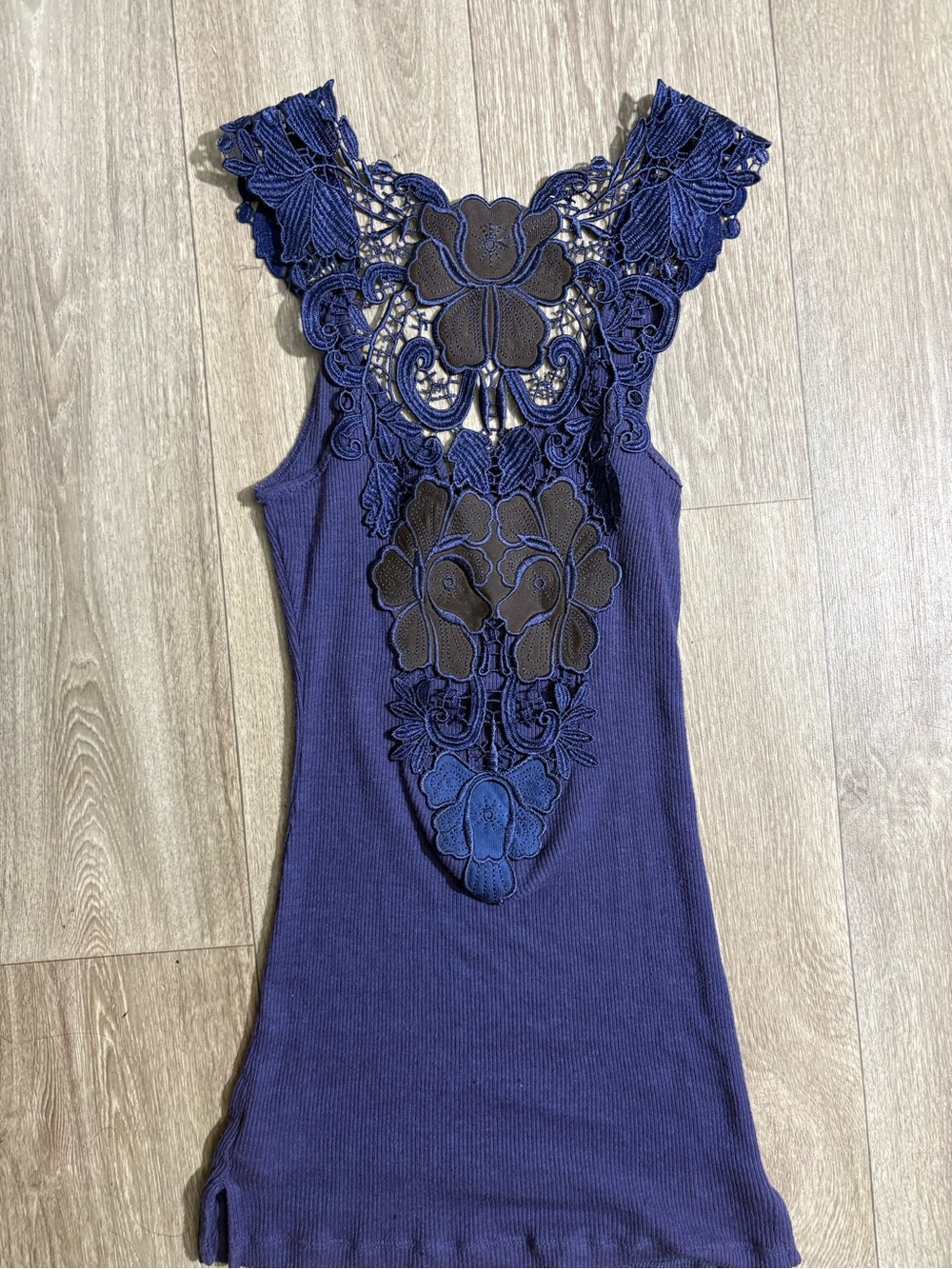 Lace-Back Ribbed Tank Top - Navy - Picture 4 of 4